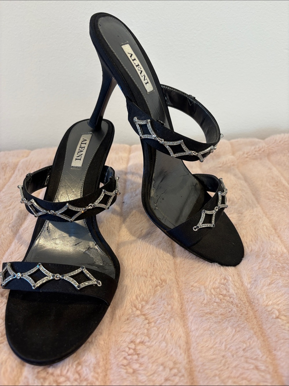 Alfani Black Satin Crystal-Accent High Heel Slides